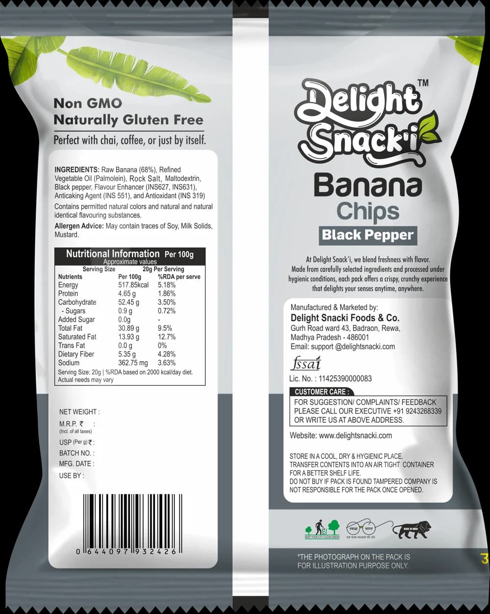 Black Pepper banana chips — back of pack with ingredients