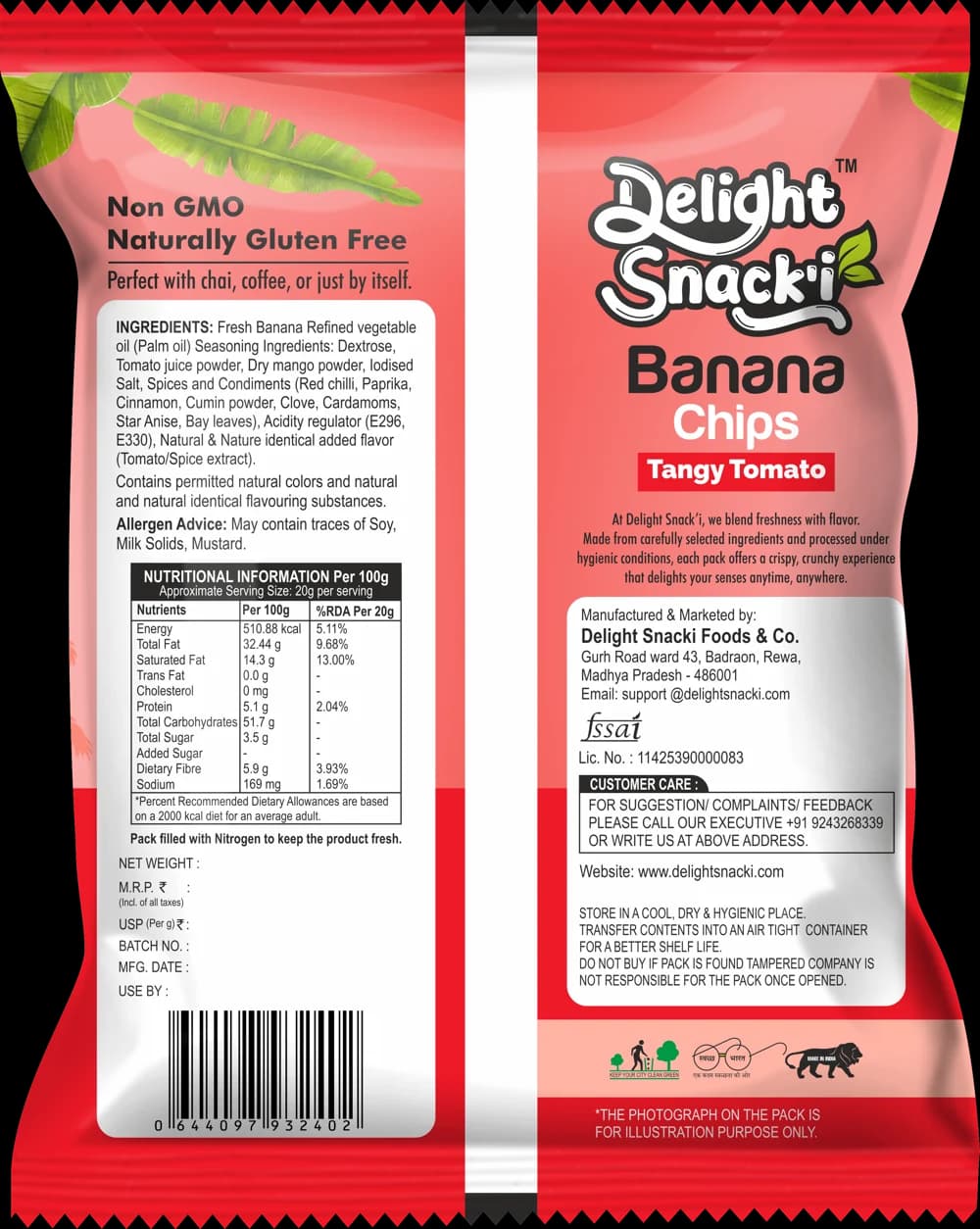 Tangy Tomato banana chips — back of pack with ingredients